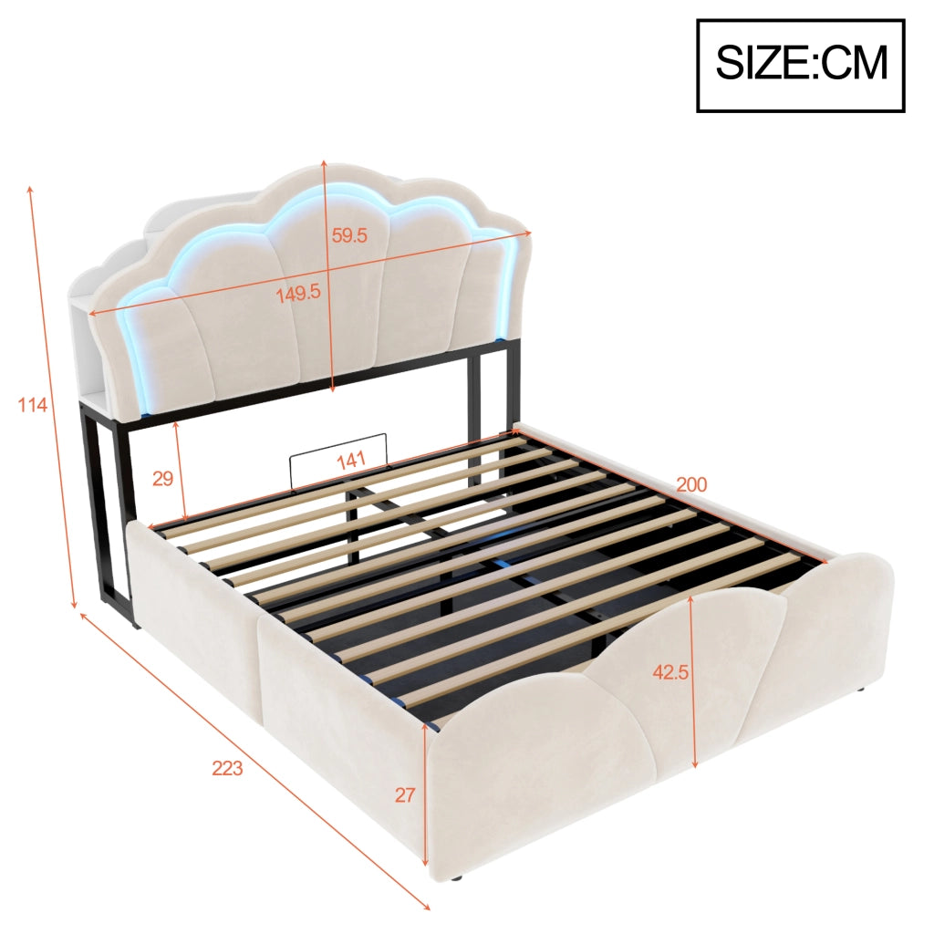 LETTO Contenitore 140x200 cm Beige in Velluto con LED e prese integrate
