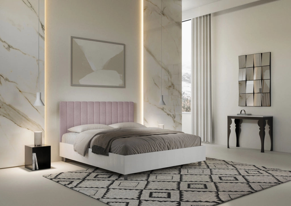 BS COM Letto matrimoniale contenitore 160x200 bianco frassino testata microfibra glicine