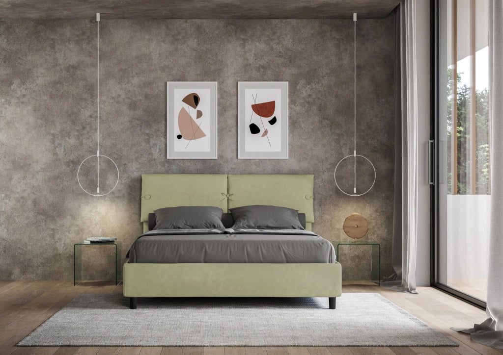 Letto Matrimoniale 160x210 cm con Rete e Contenitore con Testata e Alzata Comoda Imbottito in Microfibra Sleeper Tè