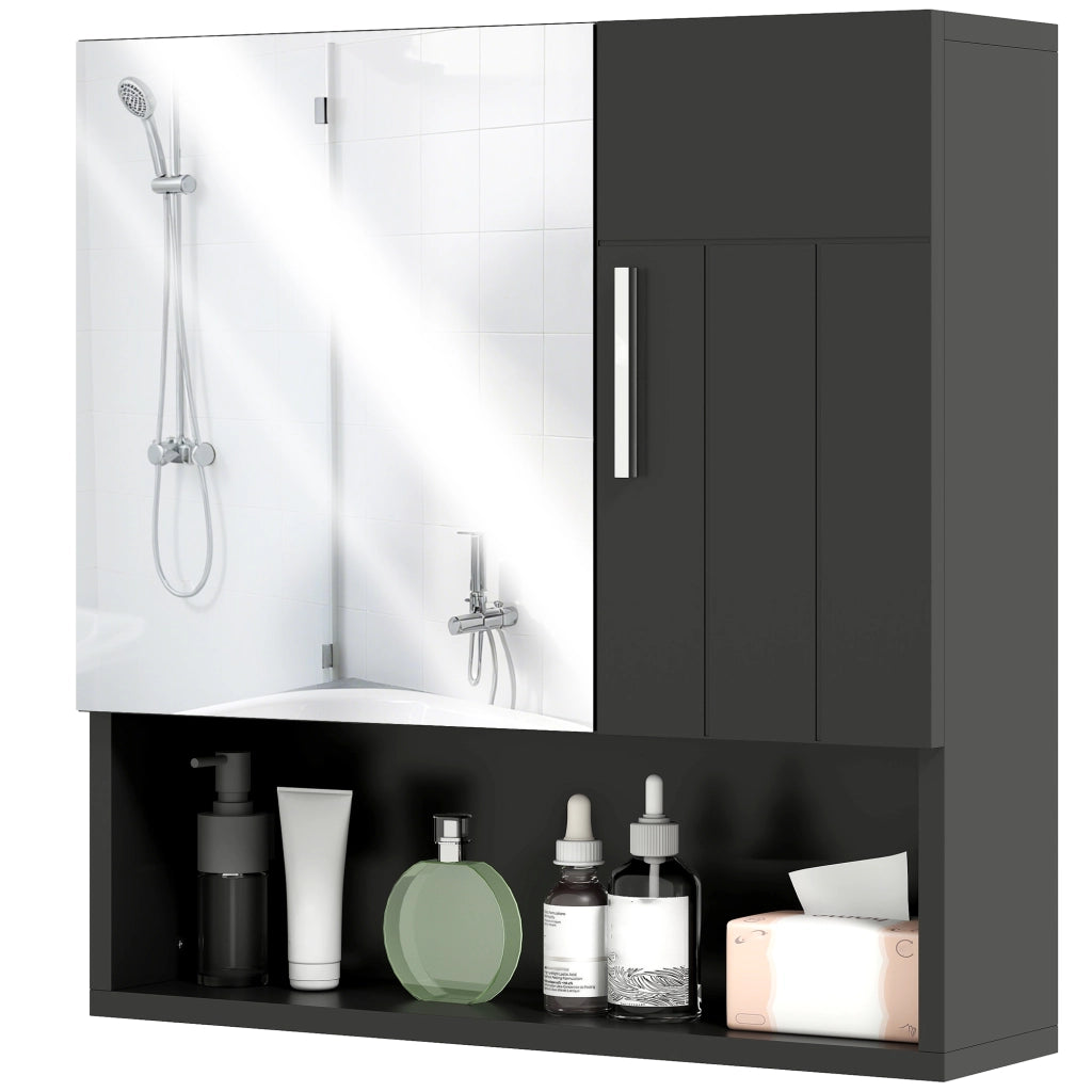 Armadietto Specchiera Bagno in Legno con Mensole Regolabili e Ripiano Aperto ¨C Zephmum ¨C Nero 54x15.2x55.3 cm