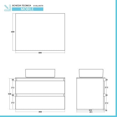 Mobile bagno sospeso 80 cm ossido e noce con top lavabo e specchio Kleo