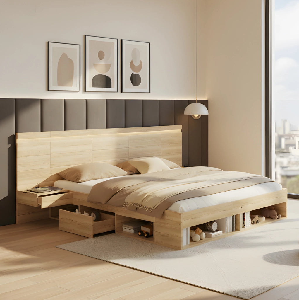 Letto matrimoniale contenitore in MDF naturale con LED; USB e USB-C; con comodini integrati