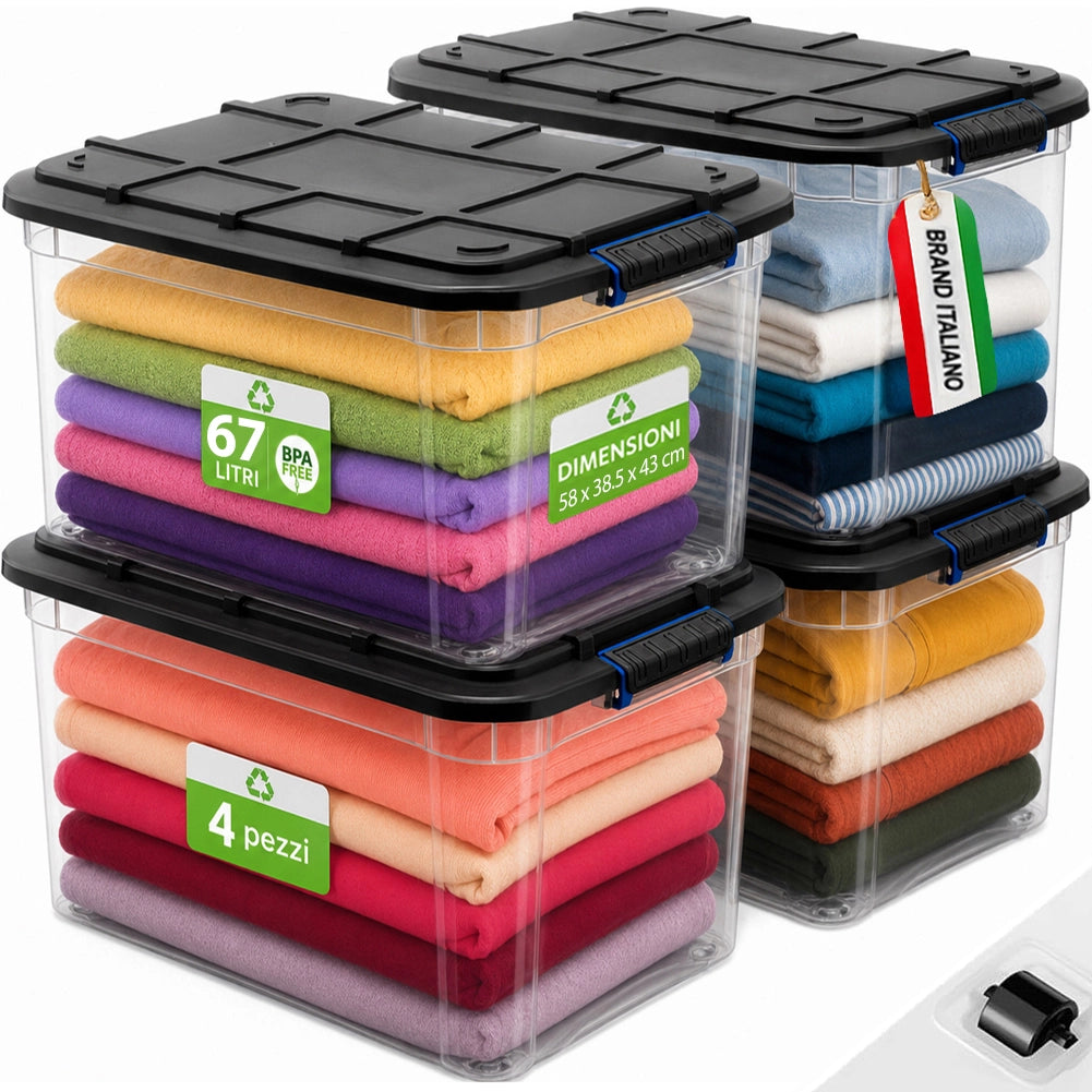 Set 4 Pezzi Contenitori con Coperchio Storage Box Solid Cargo 67L 58x38.5x43 cm