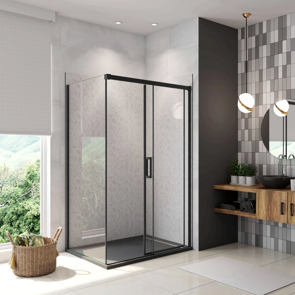 195 cm Box Doccia Angolare 120X70 cm Porta Scorrevole con Parete Fissa Vetro 8 mm Temperato Anticalcare Trasparente Profilo Nero Opaco Softclose