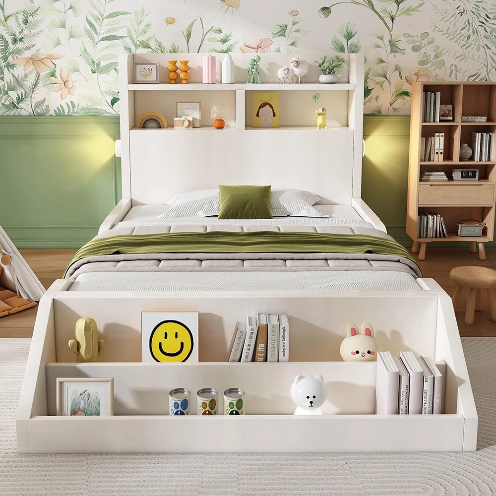 Letto legno-Xylo-90x200cm ripiani luci biblioteca bianco senza materasso