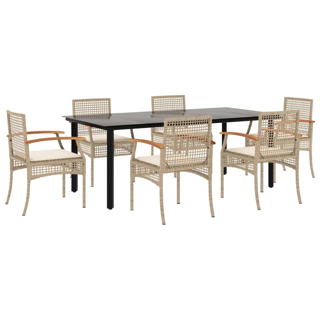 Set da Pranzo da Giardino 7 pz con Cuscini Beige in Polyrattan