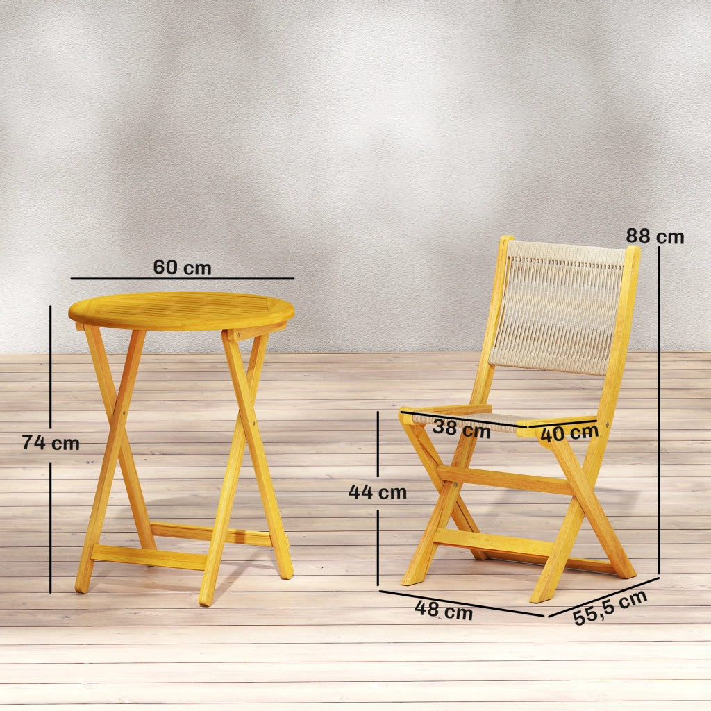 Tavolo da pranzo rotondo allungabile con 2 sedie pieghevoli ¨C Minimal ¨C Legno di acacia, corda PP naturale