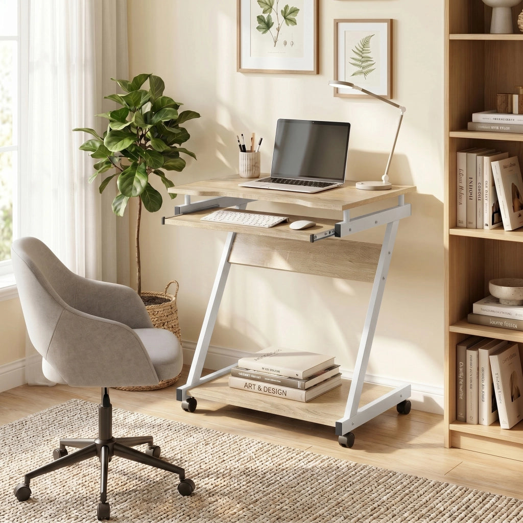 Scrivania per Computer 60x48x73 cm con 4 Ruote Cassetto per Tastiera Scorrevole Colore Rovere