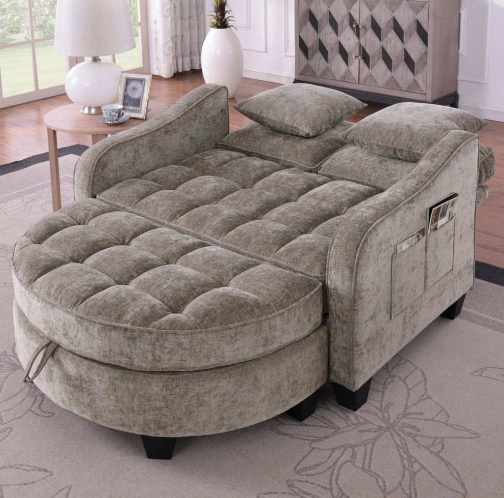 Divano letto 2 in 1 con pouf contenitore; 132x129x93 cm; eucalipto; marrone