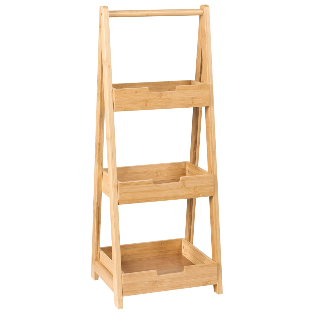 Scaffale da bagno in legno di bambù marrone chiaro a 3 livelli con design a cestello