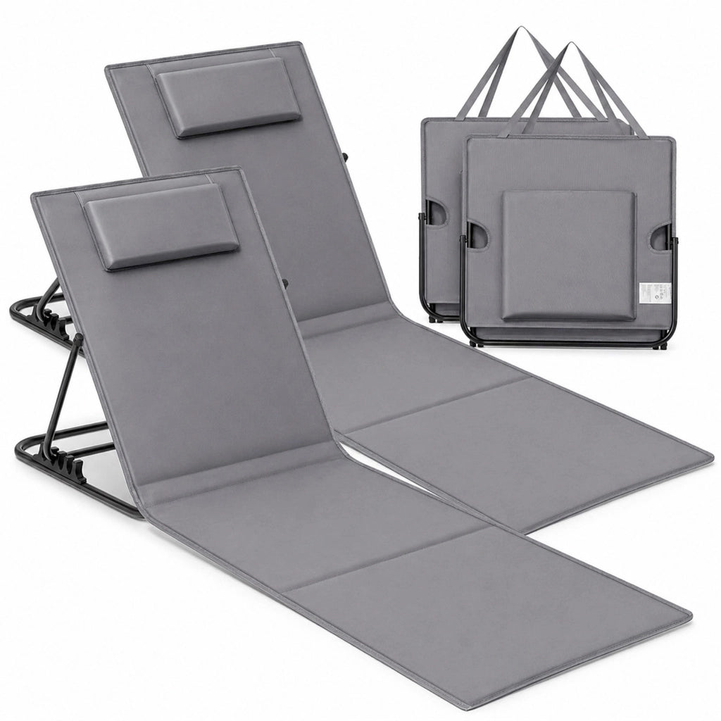 Set 2 Lettini Pieghevoli Da Giardino Con Schienale Reclinabile 4 Posizioni Tasca Portaoggetti Cuscino Poggiatesta Per Spiaggia Piscina 158 x 55 x 52 Cm Grigio
