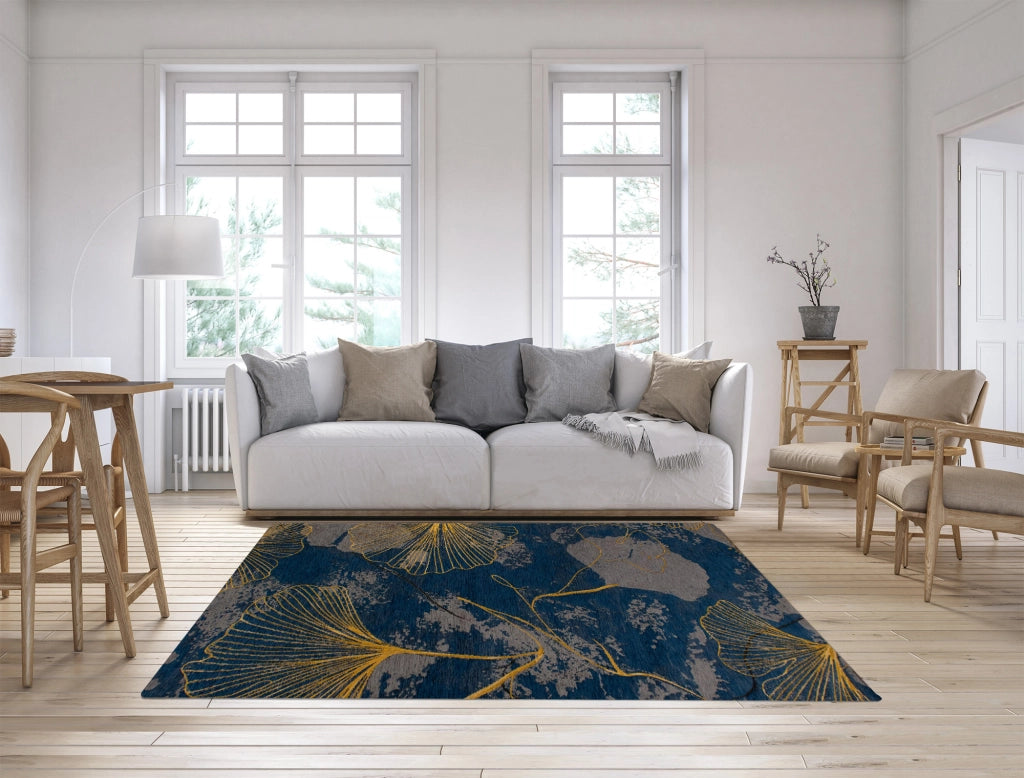 Tappeto Arredo Moderno Morbido in Ciniglia Ingresso Antiscivolo Prodotto Italiano  Soggiorno Camera Salotto Disegni Piazzati Cotone Varie Misure Grande Ginko/Indaco - 115x175 cm