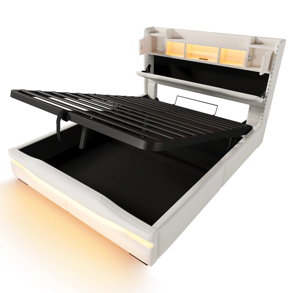 Letto Imbottito Contenitore con LED e USB ¨C MINIMAL ¨C 160x200, Beige, Idraulico
