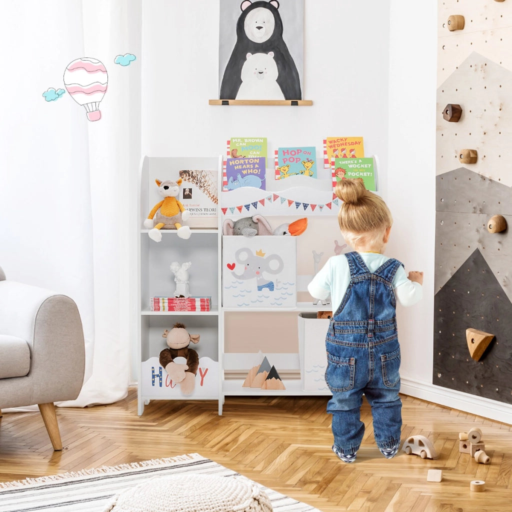 Armadio a 3 livelli con 5 scompartimenti e 2 cassetti, Organizer per bambini per giocattoli e libri Bianco