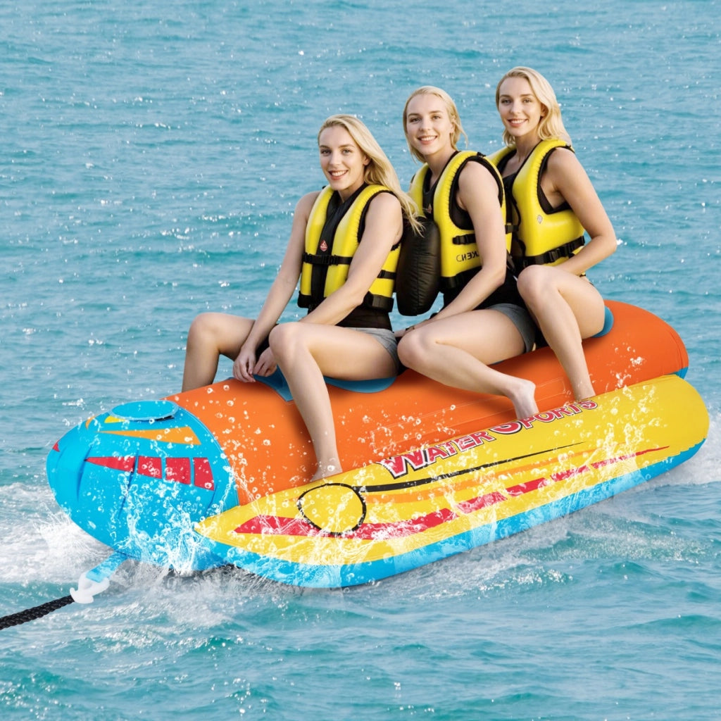 Gommone a banana gonfiabile per 3 persone, Tubo trainabile per sport acquatici e nautici con 3 maniglie imbottite