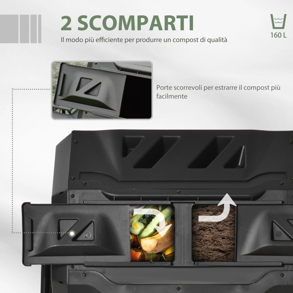 EasyComfort Compostiera da Giardino Girevole a 2 Sezioni con 8 Prese d'Aria, Compostiera Domestica in Acciaio e PP, 160 L, per Compostaggio Rifiuti Organici, 71x65x96 cm, Nero