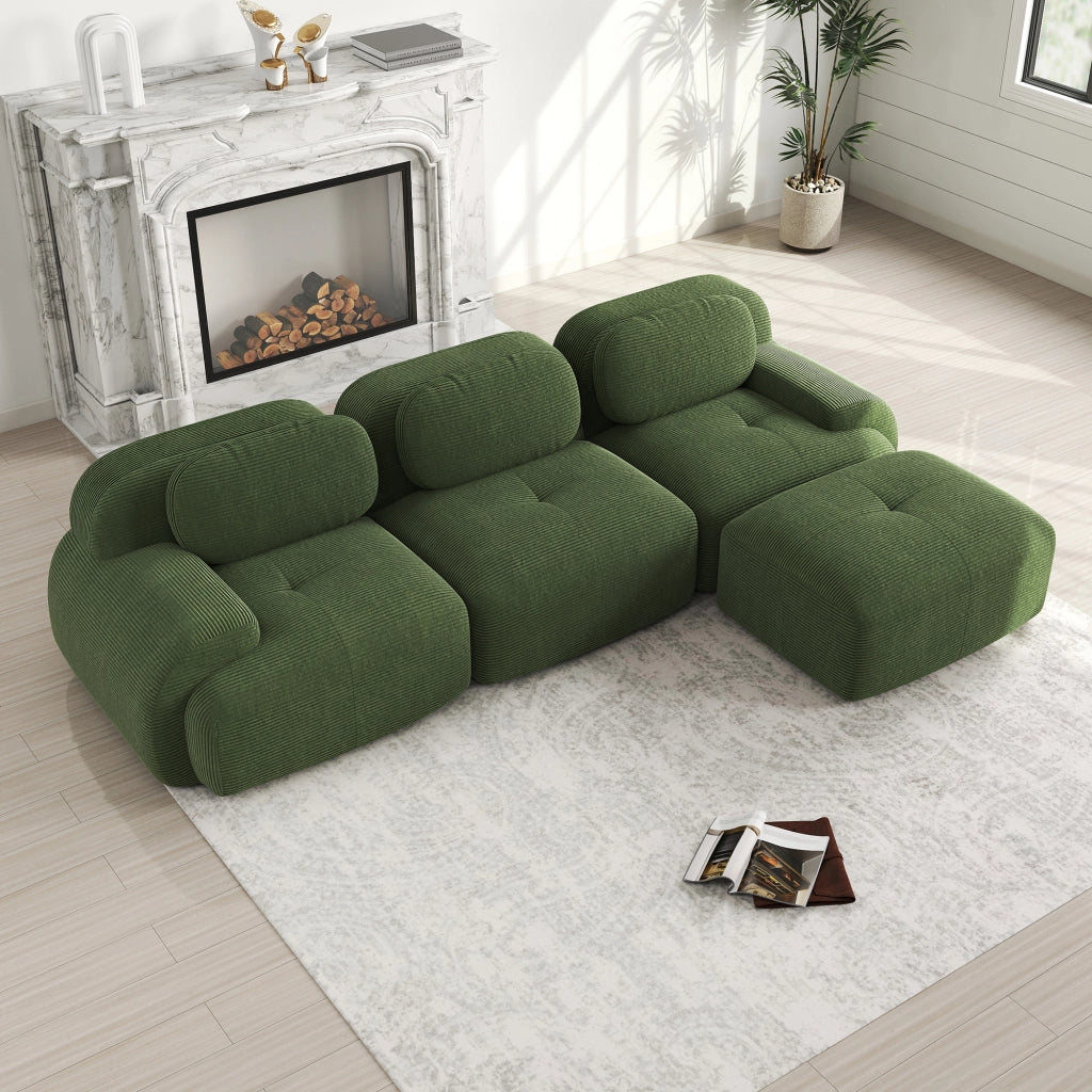 Divano Angolare Modulare ¨C MINIMAL ¨C Verde, Tessuto a Coste, Braccioli Extra-Larghi