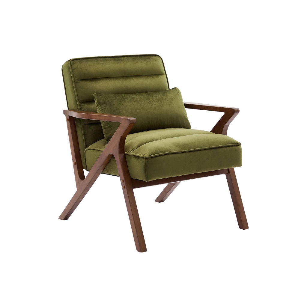 Poltrona scandinava in legno di hevea e velluto, verde kaki