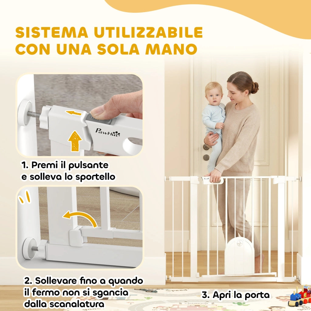 Cancellino per Cani Regolabile con Porta Piccola e Chiusura Automatica, 75-103x76cm, Bianco