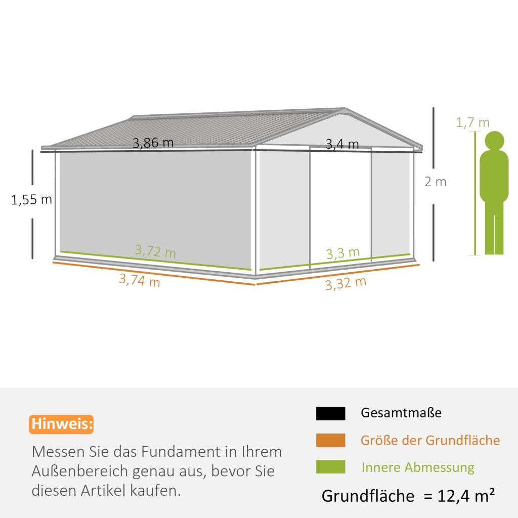 Capanno da giardino in vendita; 340 x 386 x 200 cm; con piastra di base; capanno per attrezzi; capanno da giardino; capanno da giardino; metallo; giallo