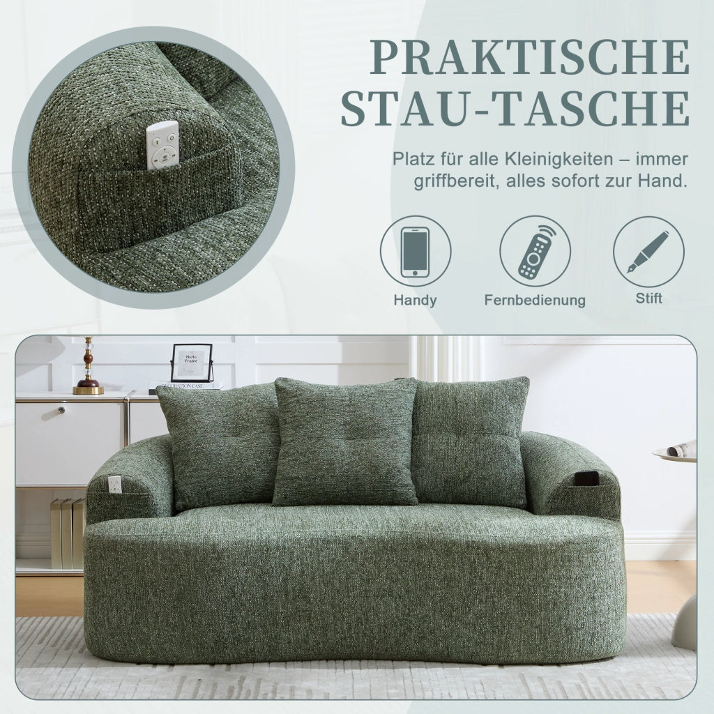 Divano lineare 2 posti con seduta profonda e 3 cuscini in chenille verde 164 × 92 × 60 cm