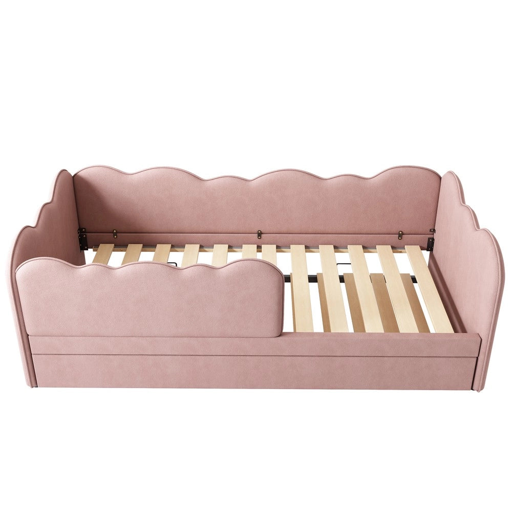 Letto Singolo Imbottito con Rete a Doghe e Letto Estraibile ¨C MINIMAL ¨C Velluto Rosa 90x190