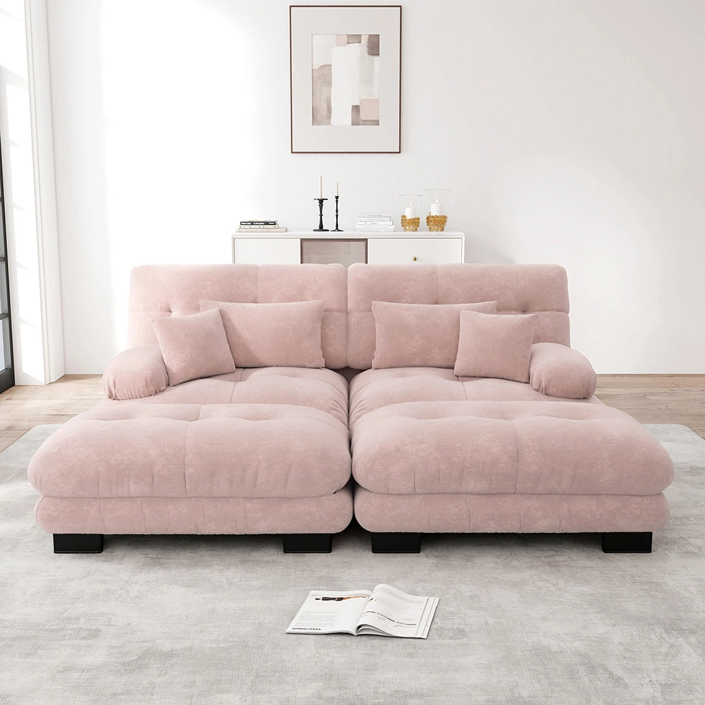 Divano angolare Cloud - Xylo - 2 posti in chenille con 2 cuscini lombari e 2 pouf, rosa