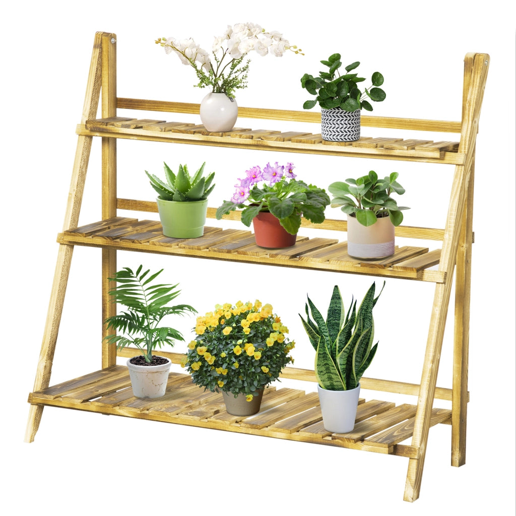 Portavasi Pieghevole in Legno di Abete 3 Livelli Scaffale per Piante da Esterno ¨C zephmum ¨C 100x37x93cm
