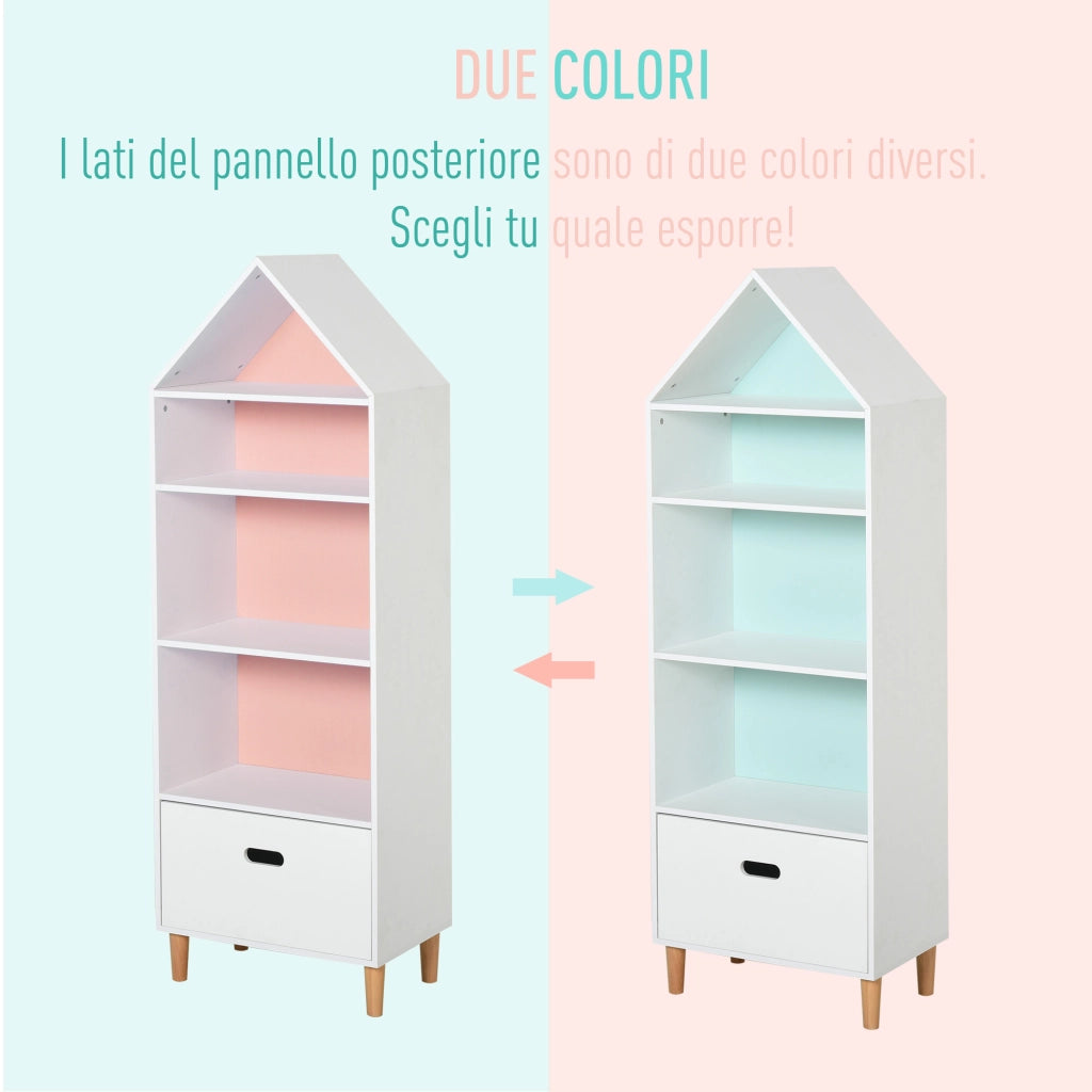Libreria per Bambini con Cassetto e Ripiani ¨C Minimal ¨C Bianca e Azzurra 50x30x142cm