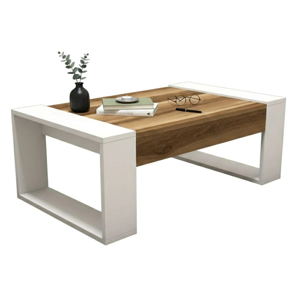 Tavolino da salotto Kaffa, Tavolo basso da caffè, Portariviste per divano, Ripiano da soggiorno, 102x60h38 cm, Noce e Bianco