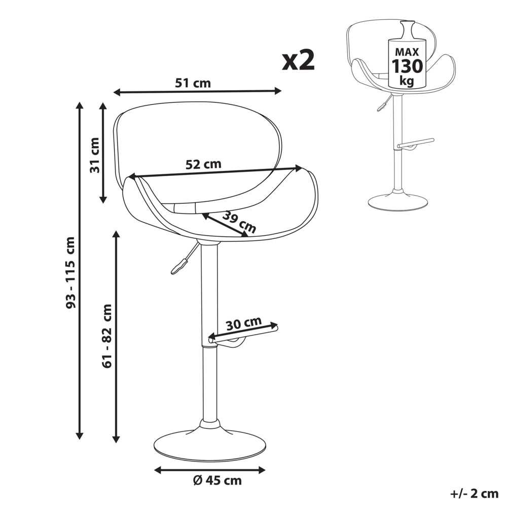 Set di 2 sedie da bar in ecopelle bianco con schienale regolabile con seduta con sollevamento a gas regolabile in altezza moderno