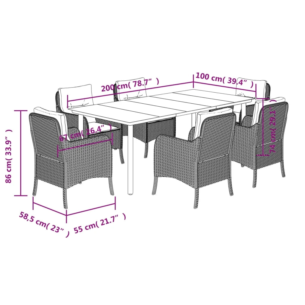 Set da Pranzo da Giardino 7 pz Nero con Cuscini in Polyrattan