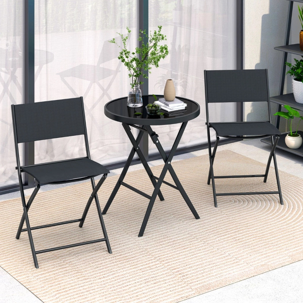 Set di 3 bistro pieghevole mobili da pranzo con sedili in tessuto traspirante e piano, Tavolo e sedie da esterno con struttura-Set mobili da esterno