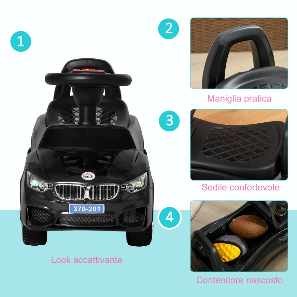 Macchina Cavalcabile per Bambini 63.5x28x36 cm con Fari e Musiche Integrate in PP Nero
