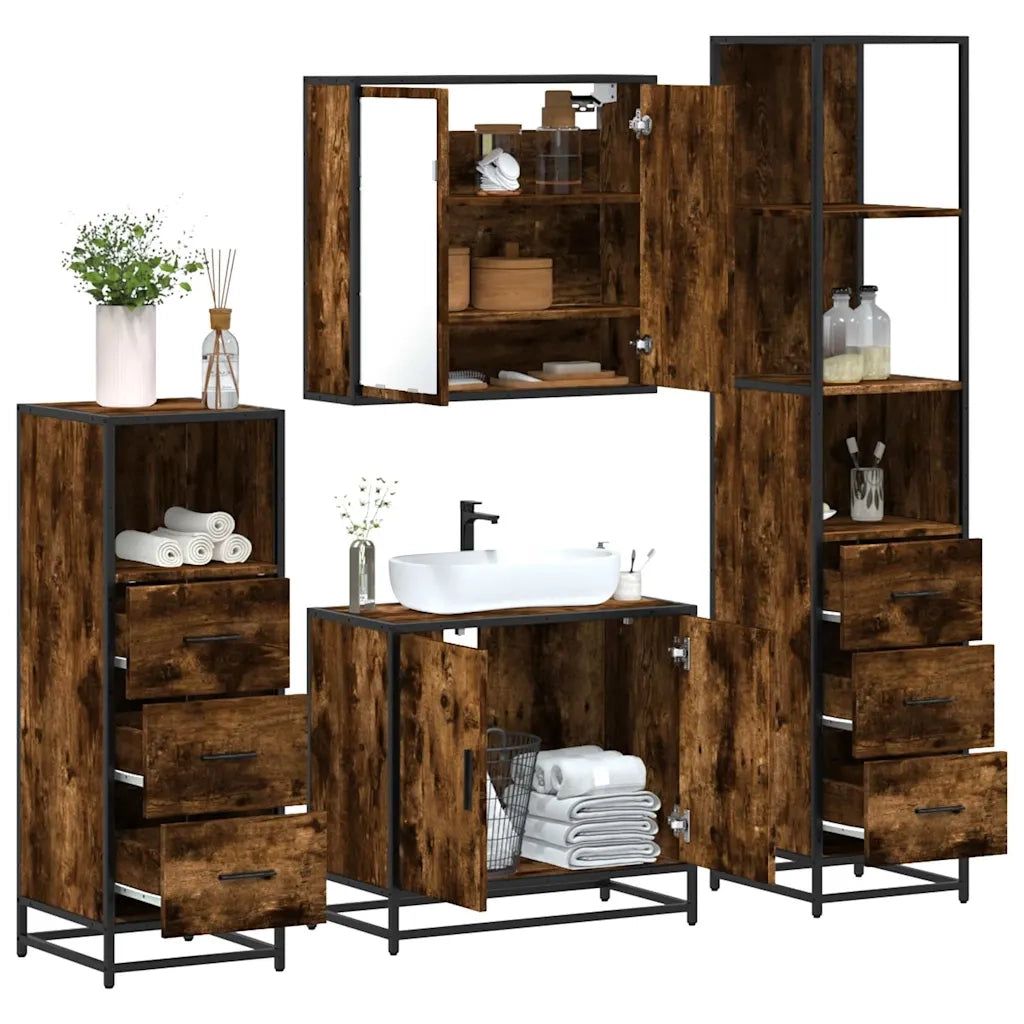 Set Mobili da Bagno | Armadio da bagno 4 pz Rovere Fumo in Legno Multistrato