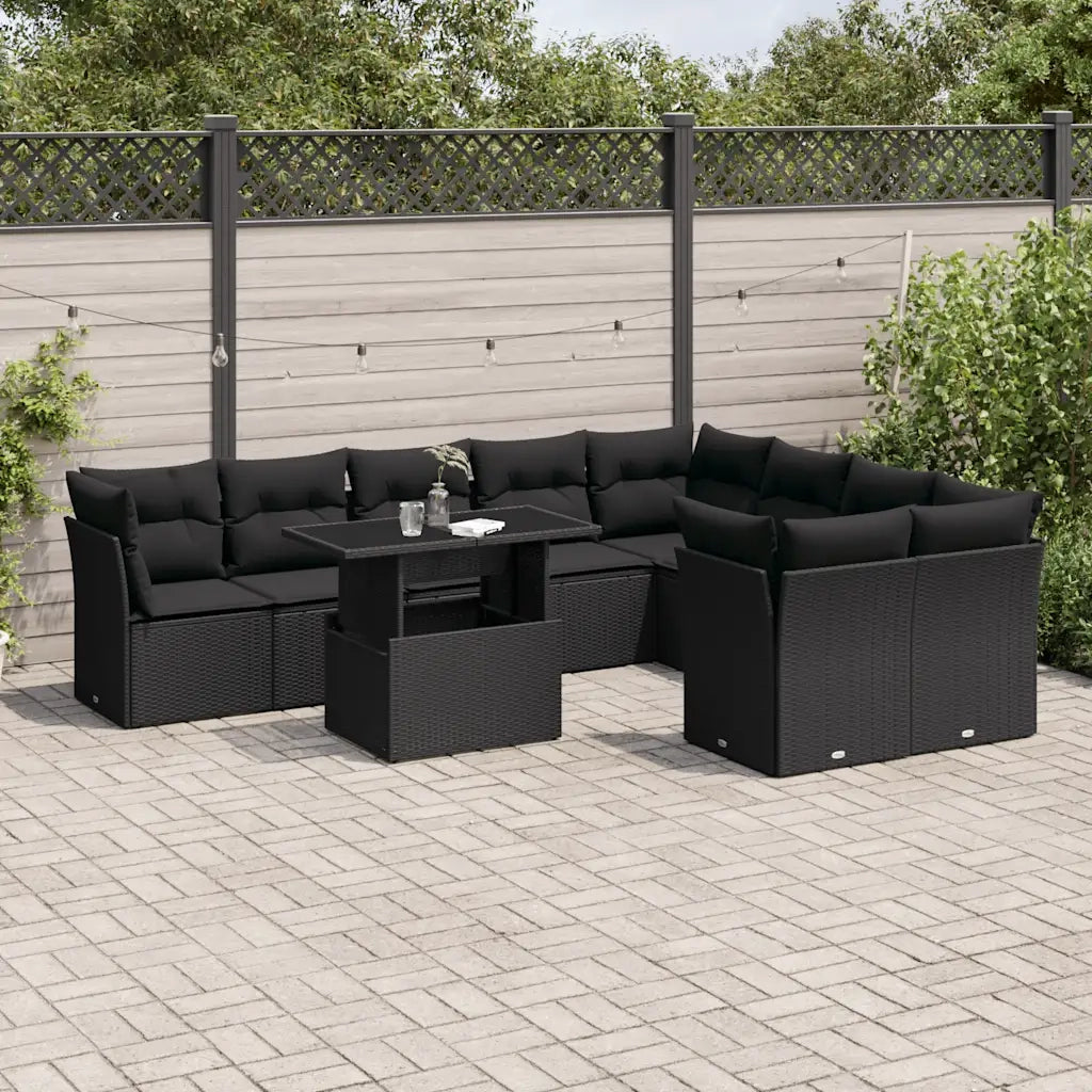 Set Divani da Giardino 10pz con Cuscini in Polyrattan Nero
