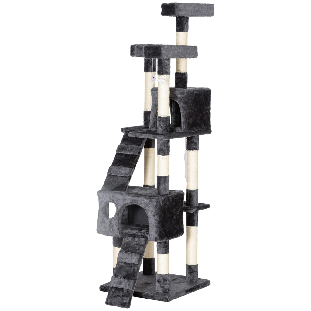 Albero tiragraffi per gatti con 4 piattaforme, 2 tane, 3 lettini, rampe e posti di sisal ¨C Minimal ¨C Grigio 173 cm
