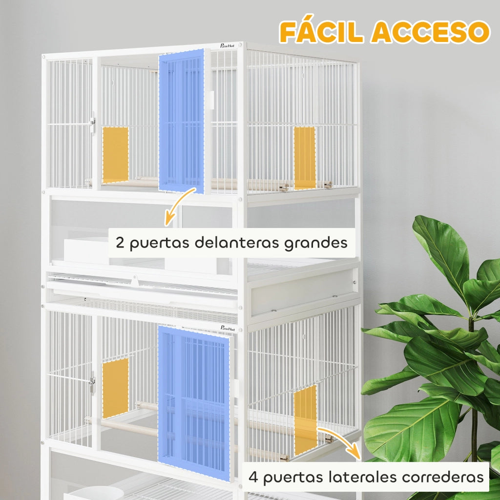 Gabbia per Uccelli a 2 Piani ¨C Xylo ¨C con Pannelli Acrilici Mangiatoie Trespoli Ruote 48x46x134,5 cm Bianco