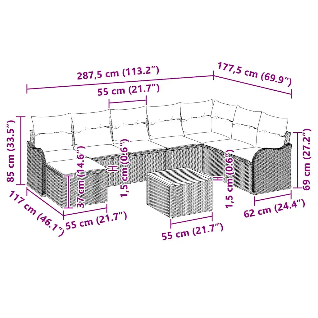 Set Divano da Giardino con cuscino 9 pcs Nero polyrattan 3347488
