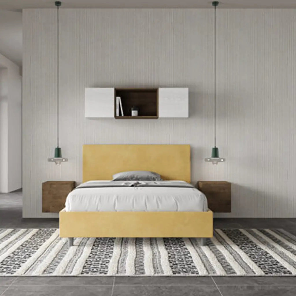 Letto matrimoniale francese senza rete imbottito 140x200 microfibra ocra Adele