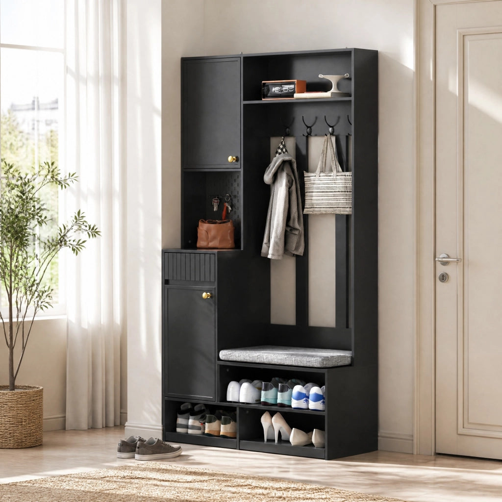 GARDEROBA DA INGRESSO con panca e 4 ganci 100x180x35 cm Nero