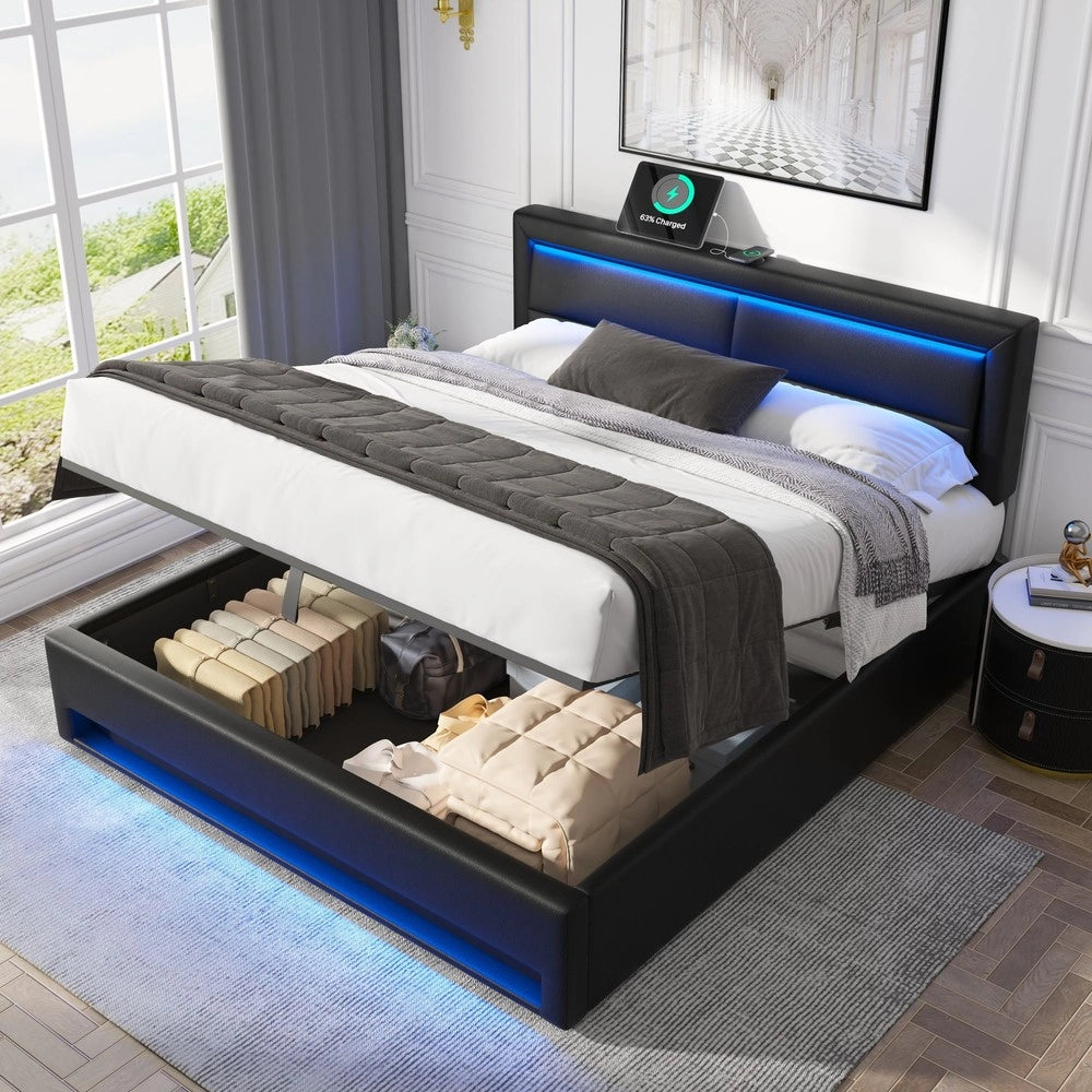 Letto Imbottito con LED e Contenitore ¨C MINIMAL ¨C Nero, 140x190, USB
