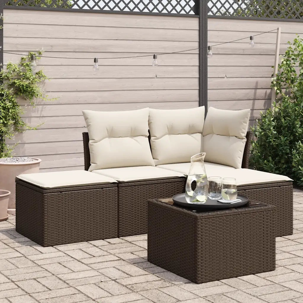 Set Divano da Giardino 5 pz | Set Salotto da Giardino con Cuscini Marrone in Polyrattan