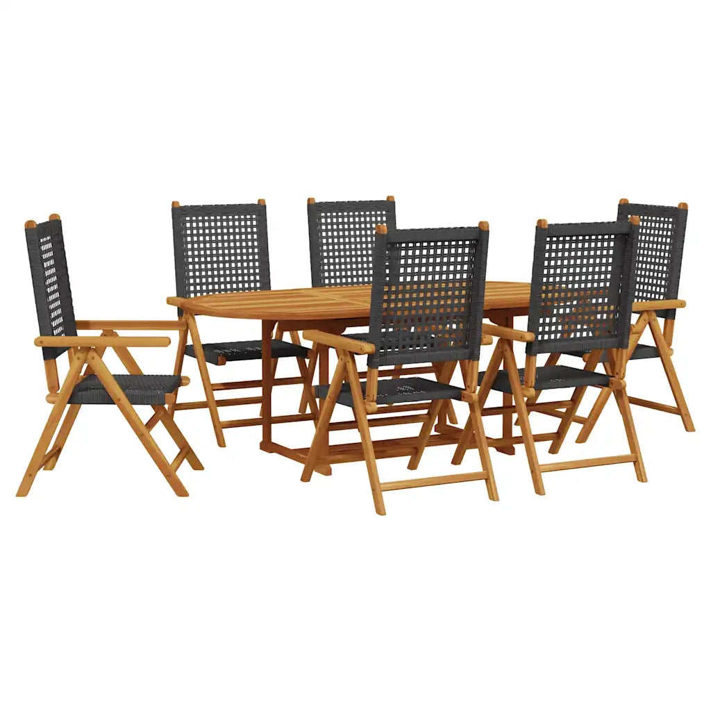 Set Pranzo Giardino 7 pz Nero in Polyrattan e Legno Massello