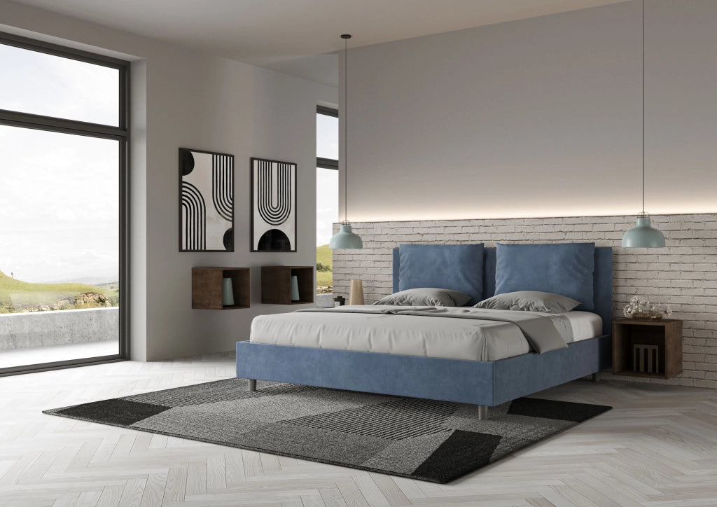 BS COM Letto matrimoniale king size senza rete imbottito 170x200 microfibra blu