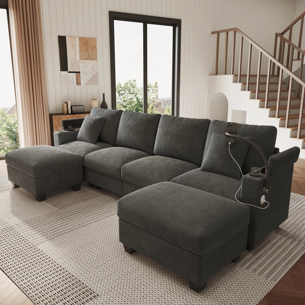 Sistema modulare divano angolare con funzione letto - Zephmum- USB e supporto smartphone, Grigio