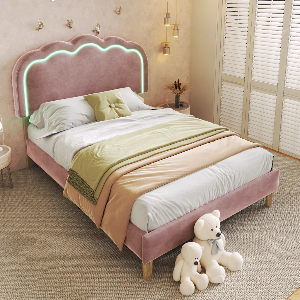Letto singolo LED – 90x190 cm – testiera regolabile rete – velluto rosa