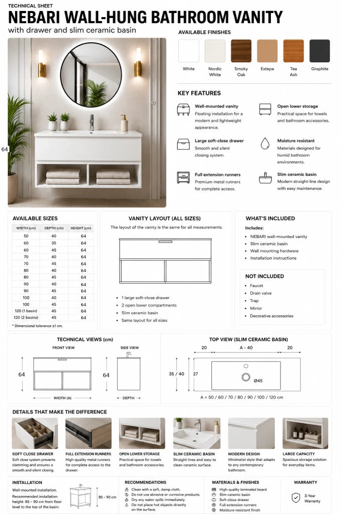 Mobile bagno sospeso con lavabo extrapiano ORIGENBATH NEBARI senza specchio 90x40 cm bianco