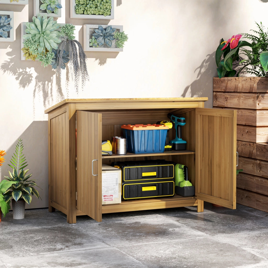Armadio da giardino in legno ¨C Xylo ¨C 2 ante, 2 ripiani, tetto inclinato, 110x50x85 cm, marrone