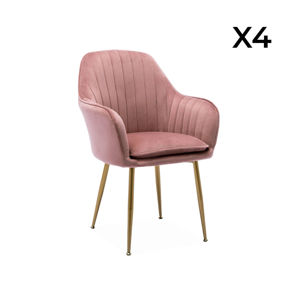 Set di 4 poltrone in velluto con gambe in metallo, rosa antico